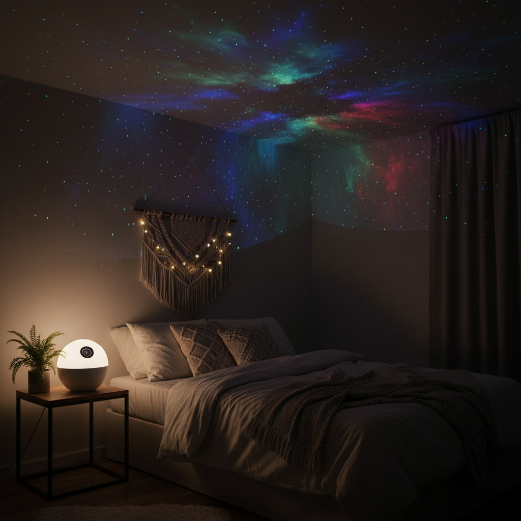 LED Galaxy Projector projecting colorful stars onto bedroom ceiling