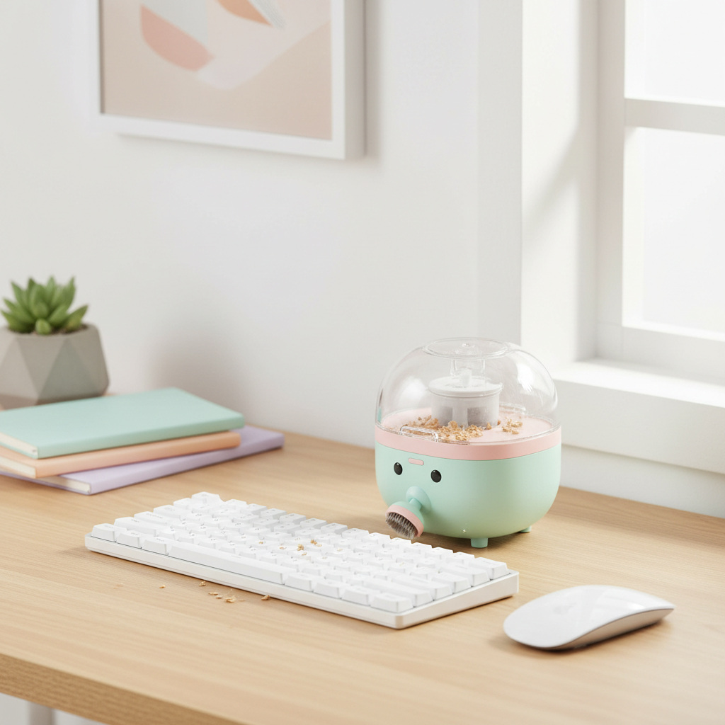 Compact pastel mini desk vacuum cleaning keyboard crumbs on a tidy desk